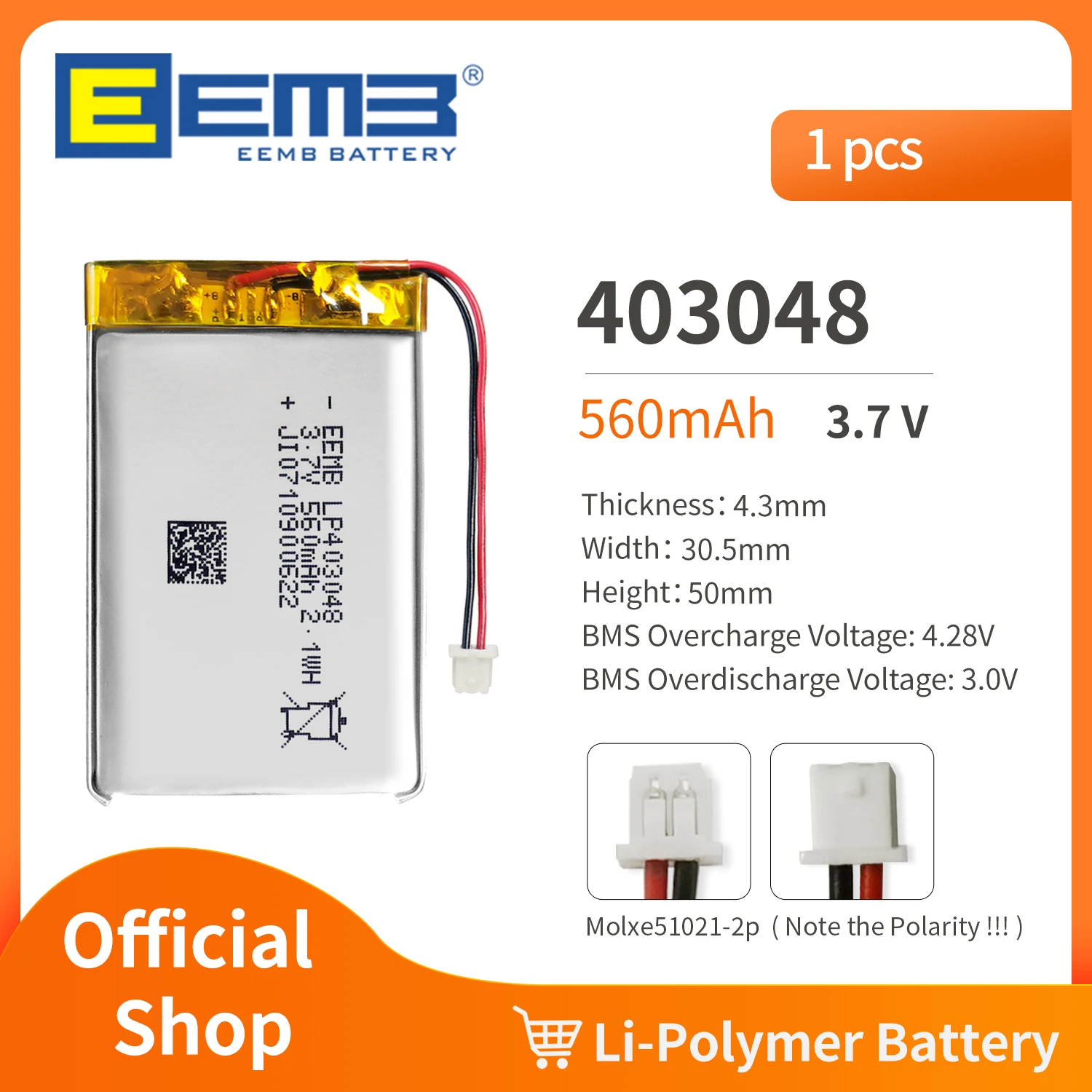 EEMB 403048 3.7V Battery 560mAh Rechargeable Lithium Polymer Battery Pack For Dashcam,Flashlight,Bluetooth Speaker, GPS,Camera