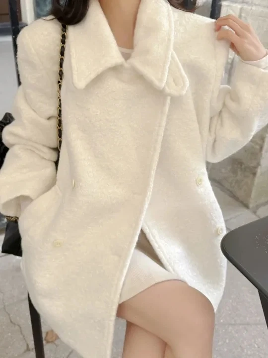 

Korean Sle Winter Ele Woolen Coat Women Faion Ba Belt Design Double Row Button Woolen Coat Ele Aosphere