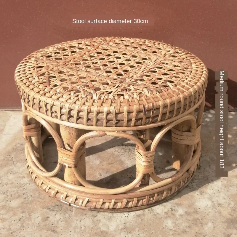 Bamboo Rattan Low Stool Simple Living Room Small Ottomans Round Bgarden Shoe Changing Stool Furniture plant flower rack