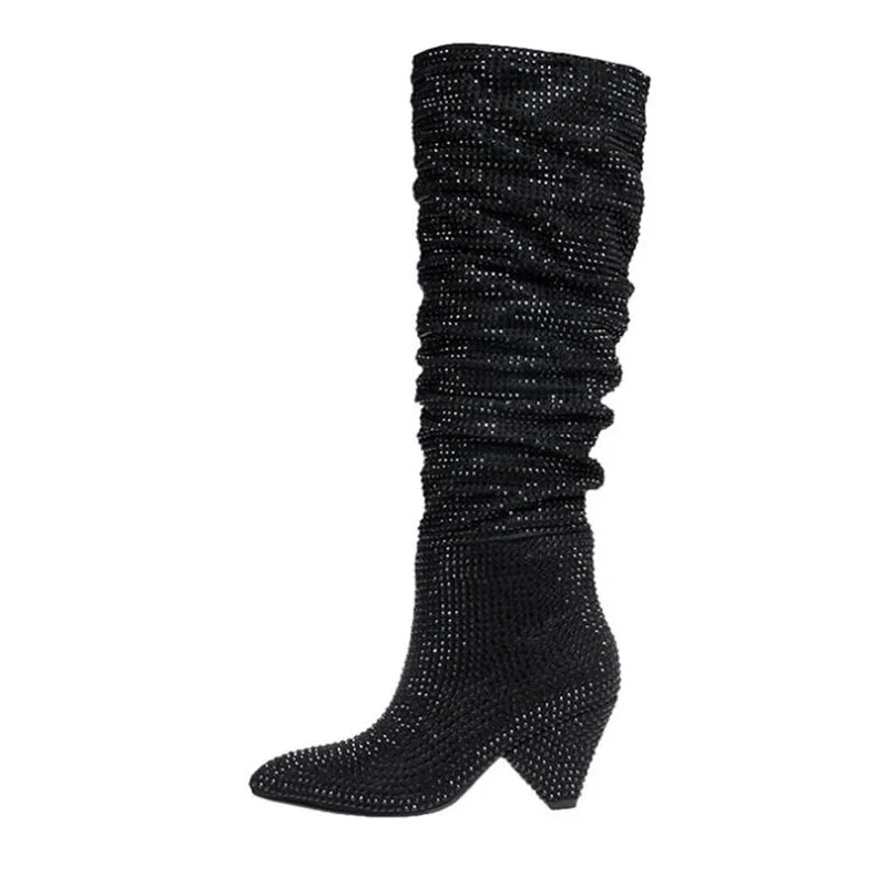 Bling Bling Rhinestone Wedge Boots Black Silver Crystal Glitter Wedged Heels Knee High Boots Size 43 Women Winter Runway Shoes