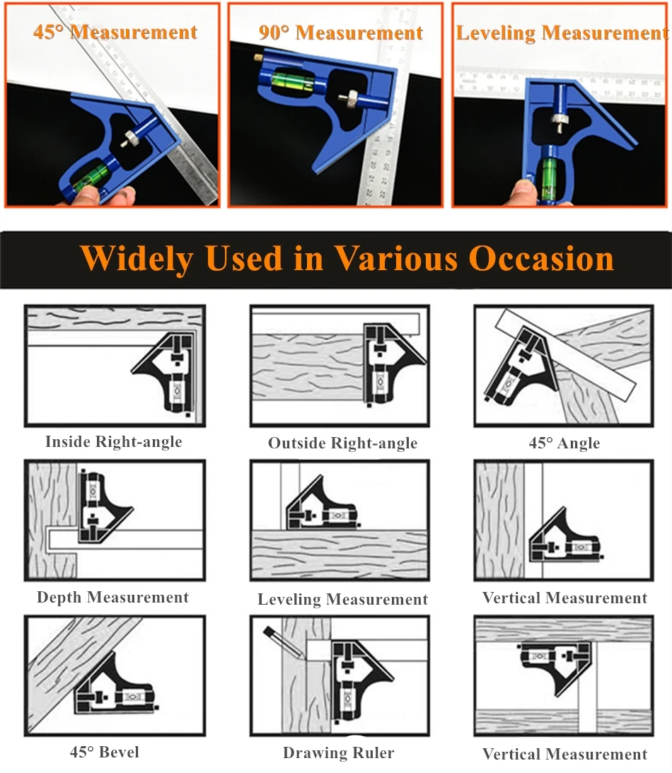 3 In 1 Square Angle Ruler Set Adjustable Engineers Multi Combination Right Angle Ruler Protractor Woodwork Measuring Tool Set