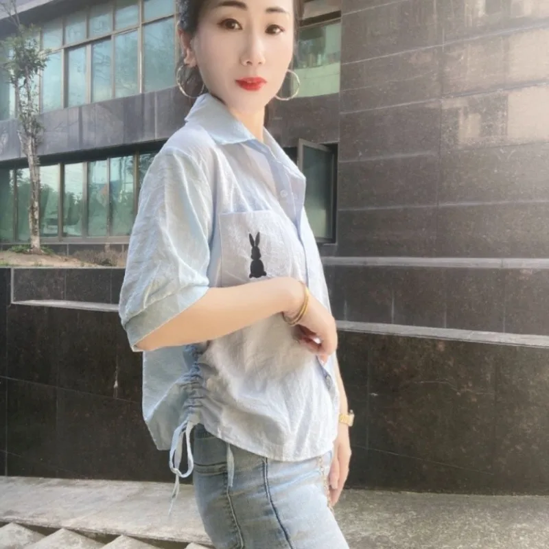 Women Green Short Sleeve Shirt with Rabbit Embroidery and Drawstring Casual Summer Blouse - view 5