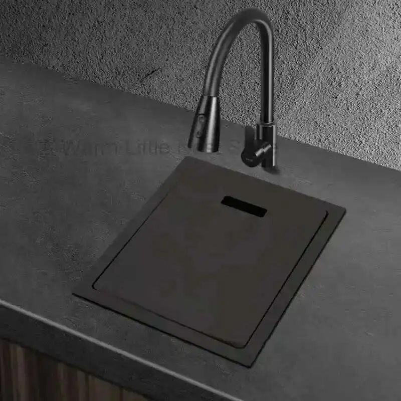 

304 Stainless Steel Kitchen Sink Black Nano Small Single-slot Washbasin Dishwashing Island Counter Washing Sink with Cover Plate