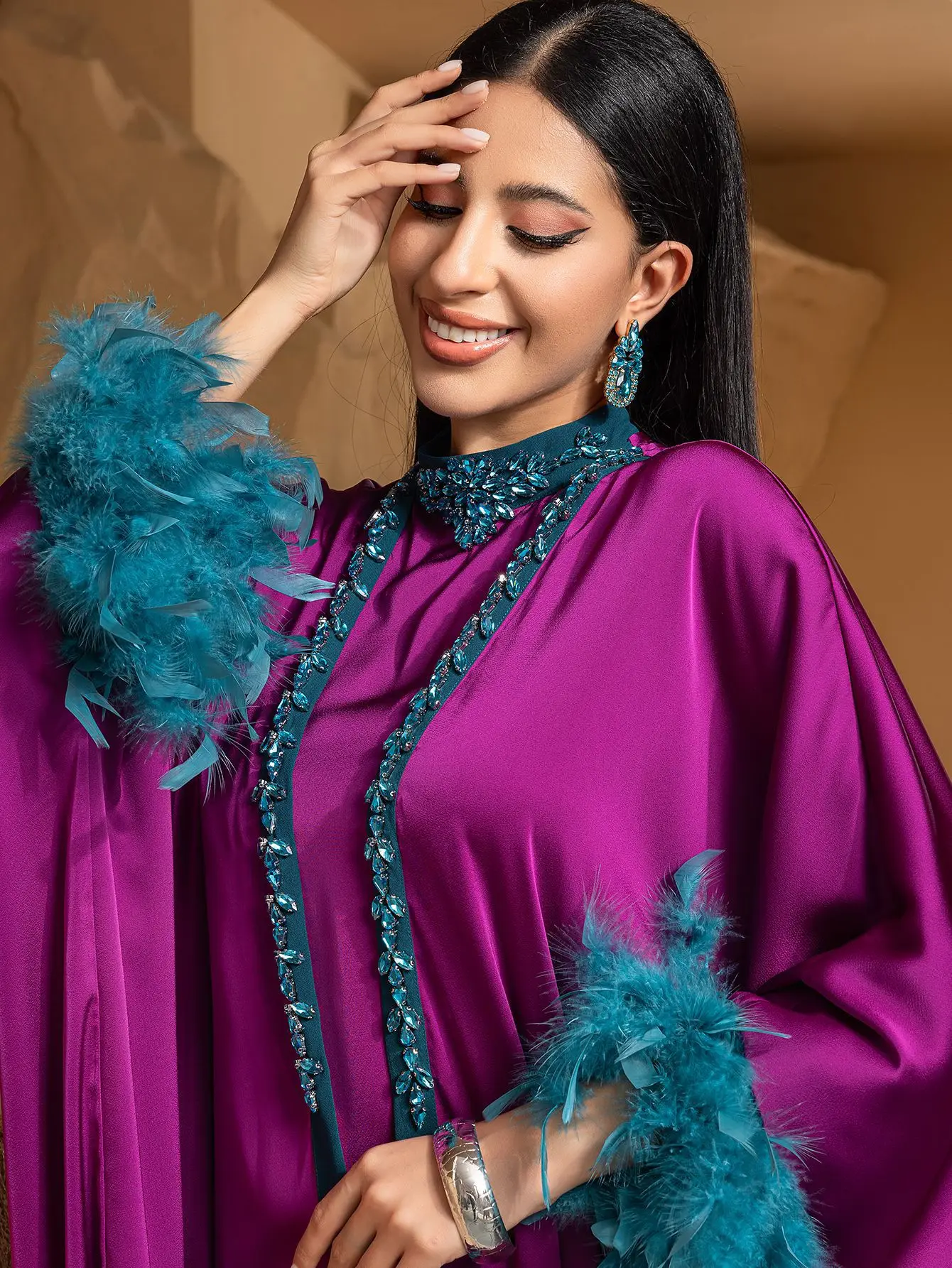 

Eid Ramadan Feather Kimono Cardigan Dress Muslim Set for Women Dubai Abaya Turkey Kaftan Satin Jalabiya Morocco Kebaya Caftan