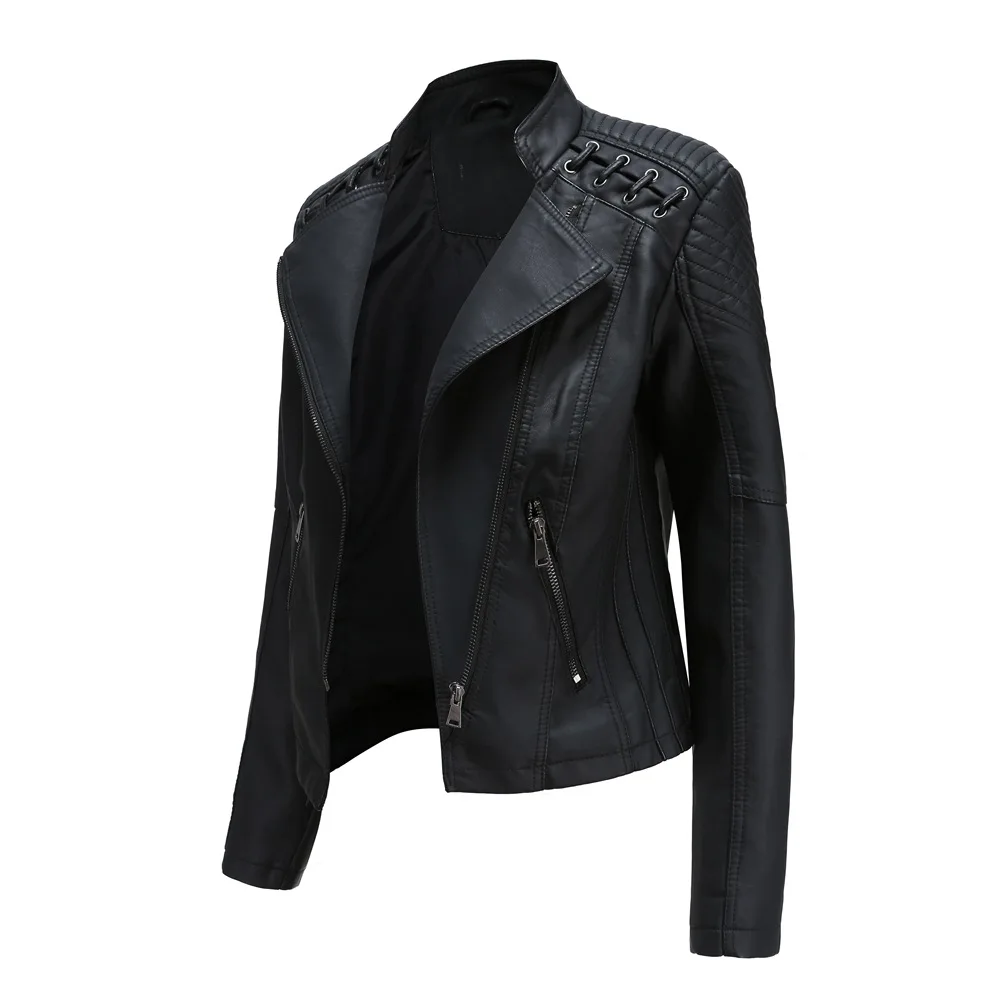 Artificial leather motorcycle jacket, women's jacket, motorcycle zipper black, autumn, spring, fashionable leather jacket