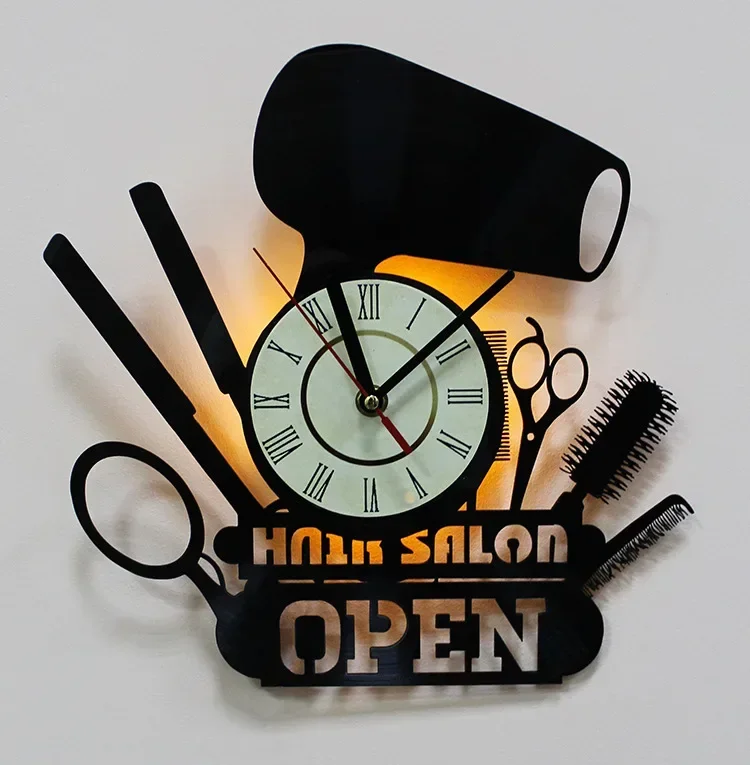 Hair Salon Wall Art Vinyl Record Wall Clock LED Night Light Hairdresser Creative Clock Decoration Modern Design  Wall Clock