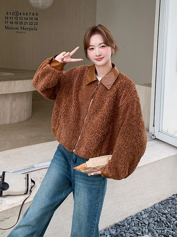 

Женская укороченная куртка из искусственной кожи с вставками из овечьего меха, утепленная, осенне-зимняя, новая модель, повседневная, стандартный крой, с длинными рукавами, на молнии