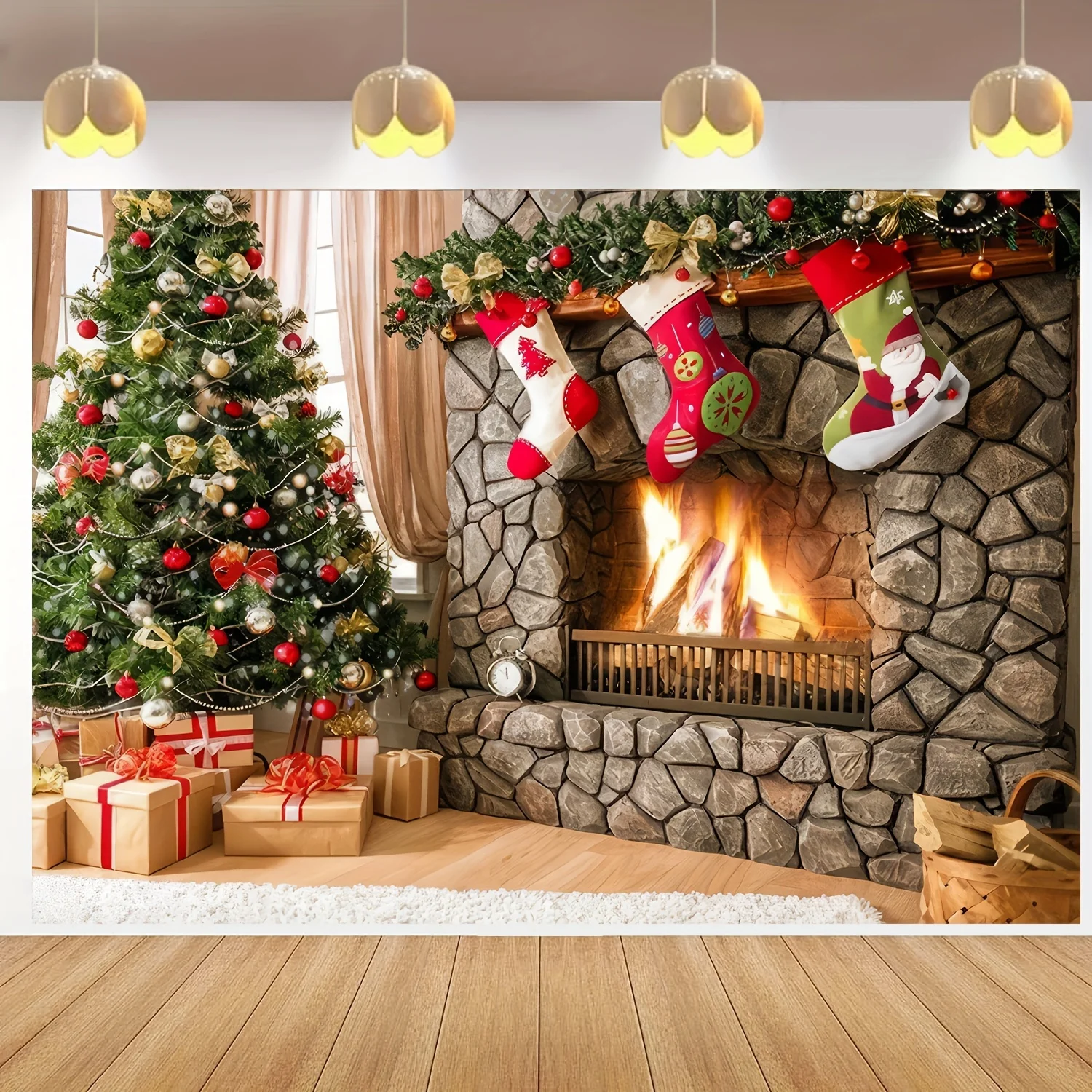 150 * 100cm Christmas tree fireplace gift box Christmas socks themed party decoration background wall