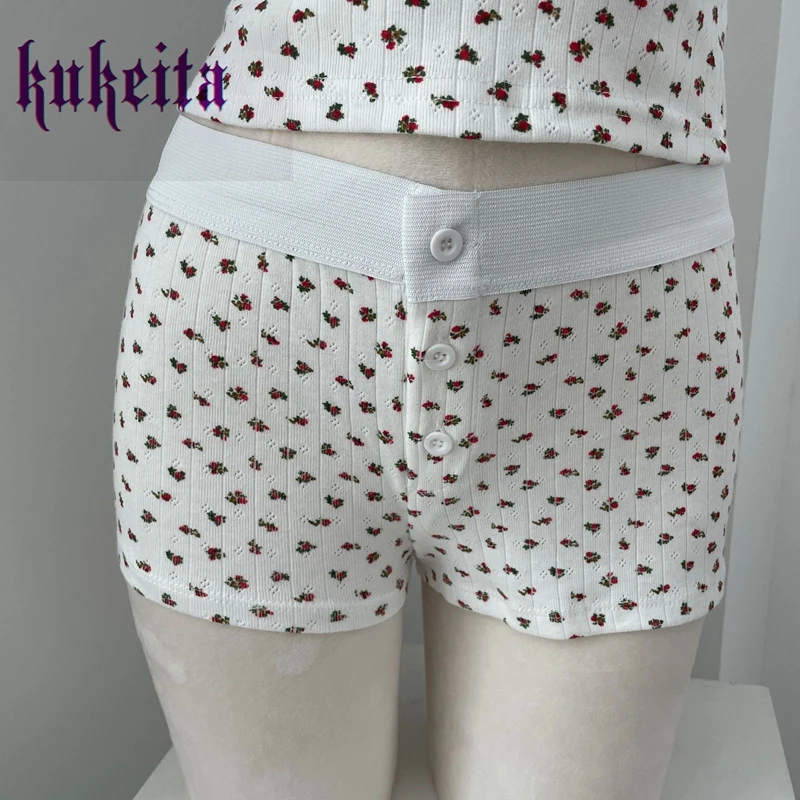 

Kukeita Harajuku Y2k Vintage Floral Print Cotton Shorts Japanese Women Summer Casual Slim Short Pants Chic Bottoms