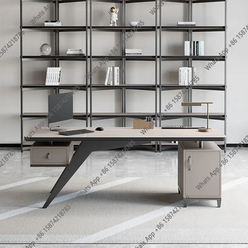 

Italian light luxury saddle leather desk modern simple solid wood boss desk home study computer writing desk