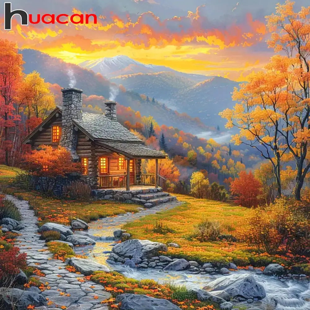 Huacan 5d Diamond Painting Full Drill Square/round House Landscape Diamond Embroidery Mountain Handmade Gift Decor For Home