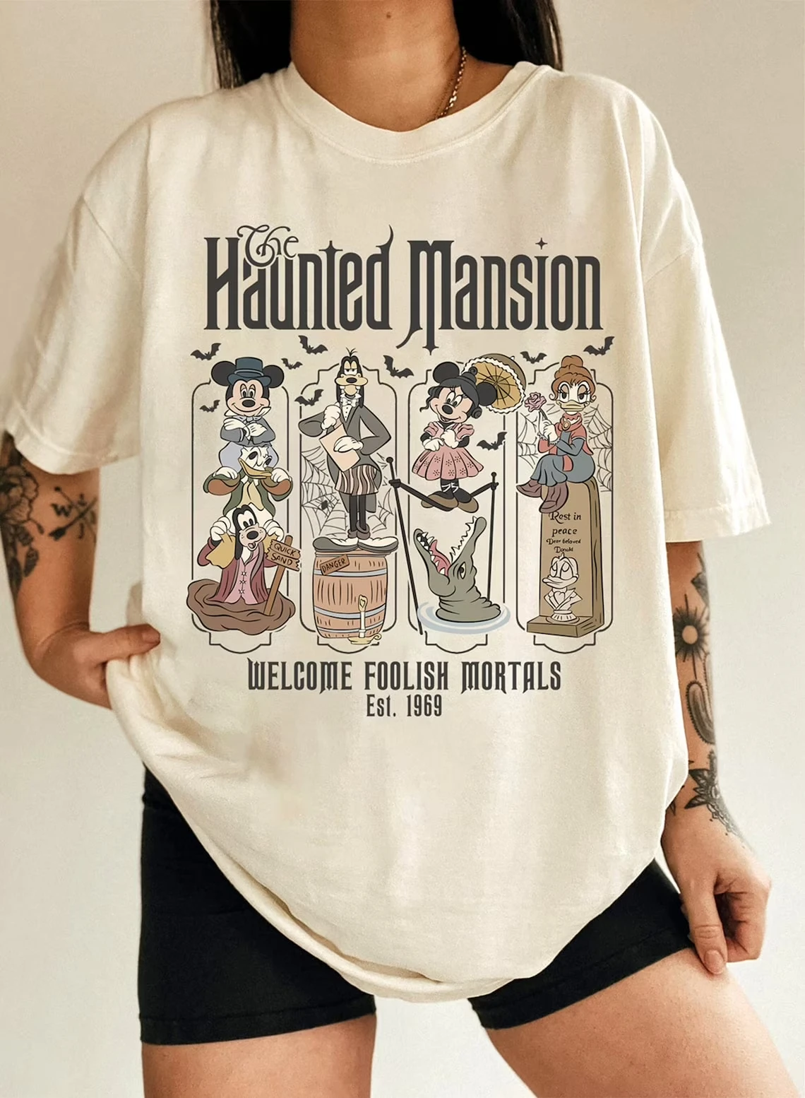

Haunted Mansion Disney Graphic T-shirt Mickey Minnie Donald Goofy Ghost Design Womens Casual Tops Cotton Spooky Theme