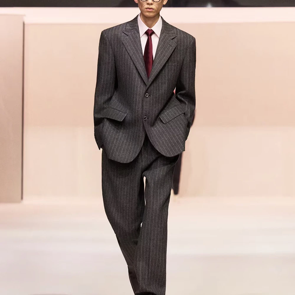 Luxury Men Dark Grey Woolen Pinstripe Oversized Suit 2Piece Set Notch Lapel Blazer Wide Leg Pants Formal Business Wedding Outfit