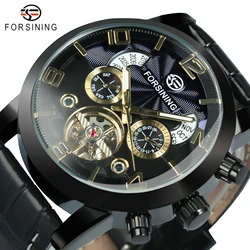 Forsining Retro Tourbillon Skeleton Automatic Mechanical Watch for Men Calendar Window Week Display Leather Belt Classic Watches