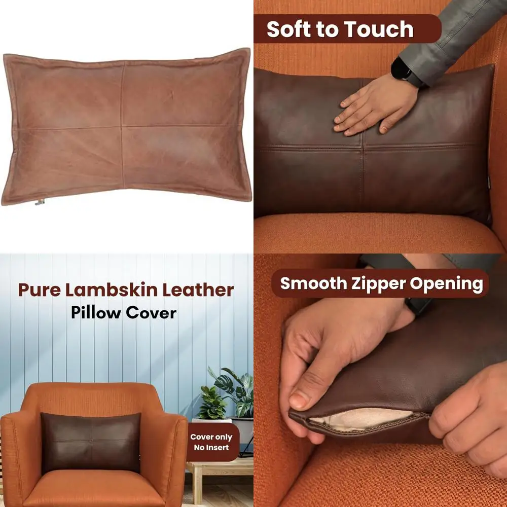 

Lambskin Leather Pillow Cover - Sofa Cushion Case - 100% Genuine Leather Decorative Throw Covers for Living Room & Bedroom