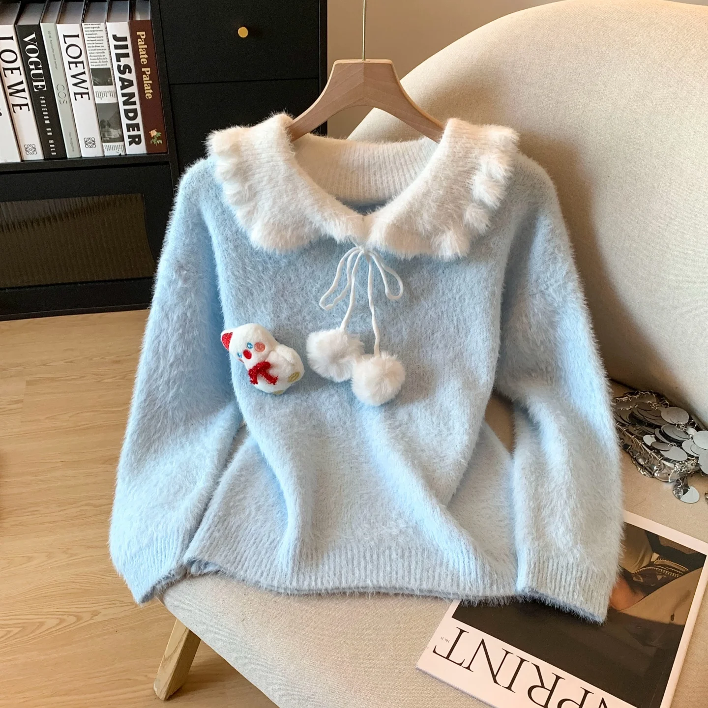 

Women's Blue Yellow Doll Collar Long Sleeve Sweater Y2K Harajuku Style Cute School 2000S Retro Casual Top Knittedwear 2025 New