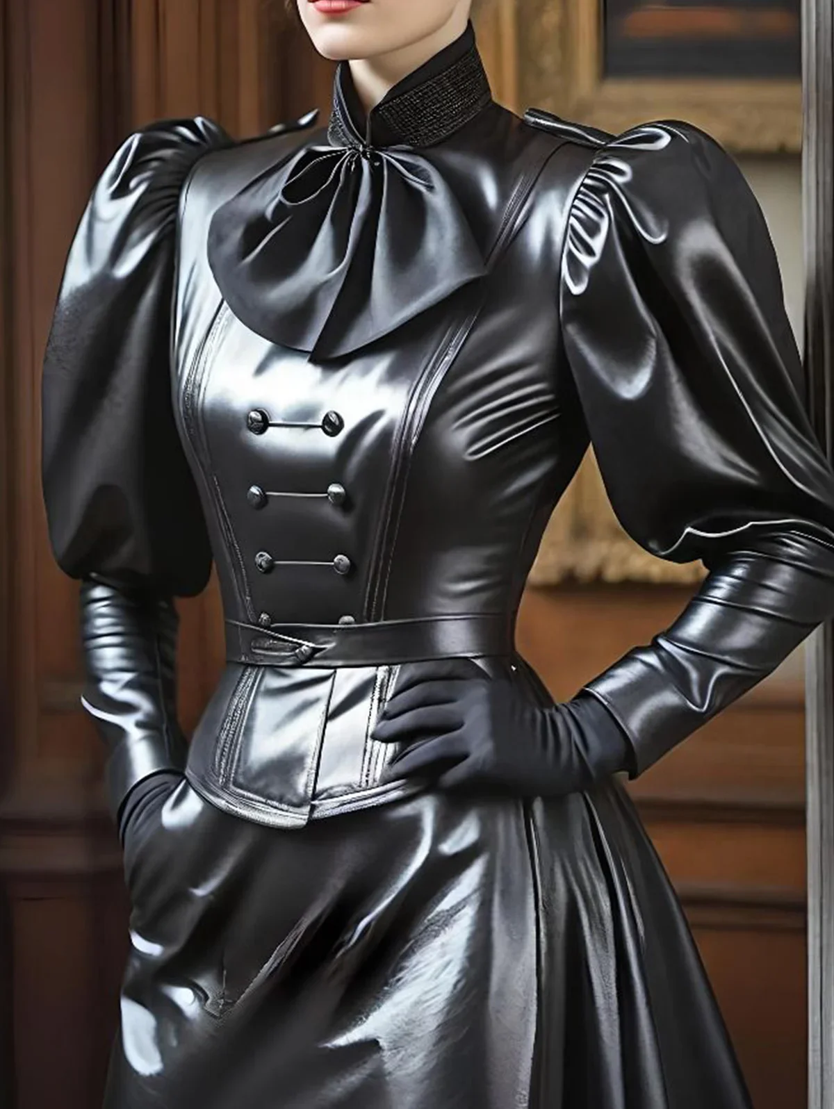 Top ze sztucznej skóry PU dla kobiet Stójka Kołnierzyk Latarnia Rękaw Biker High Street Amerykańska bluzka retro Vintage T-shirty z kokardą