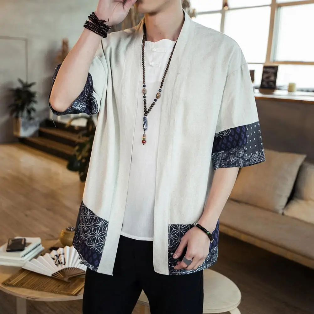 Men Shirt Chinese Style Printed Cuffs Open Stitch Mid Length Blouse Half Sleeves Plus Size Loose Cardigan Top Hanfu Costume