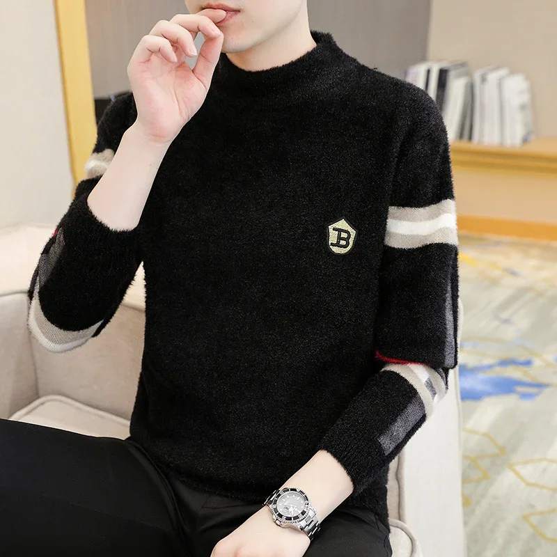 Sweater pria lengan panjang, baju Sweater pria lengan panjang leher bulat bordir huruf, kasual mode musim gugur dan musim dingin, baju dasar warna desain nyaman