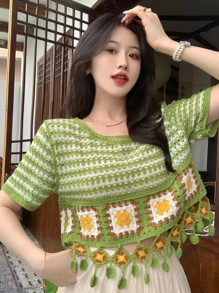 Retro Tassel Hollow out Knitwear Set Women\'s Summer 2023 New Loose Slim Half Skirt Two Piece Set