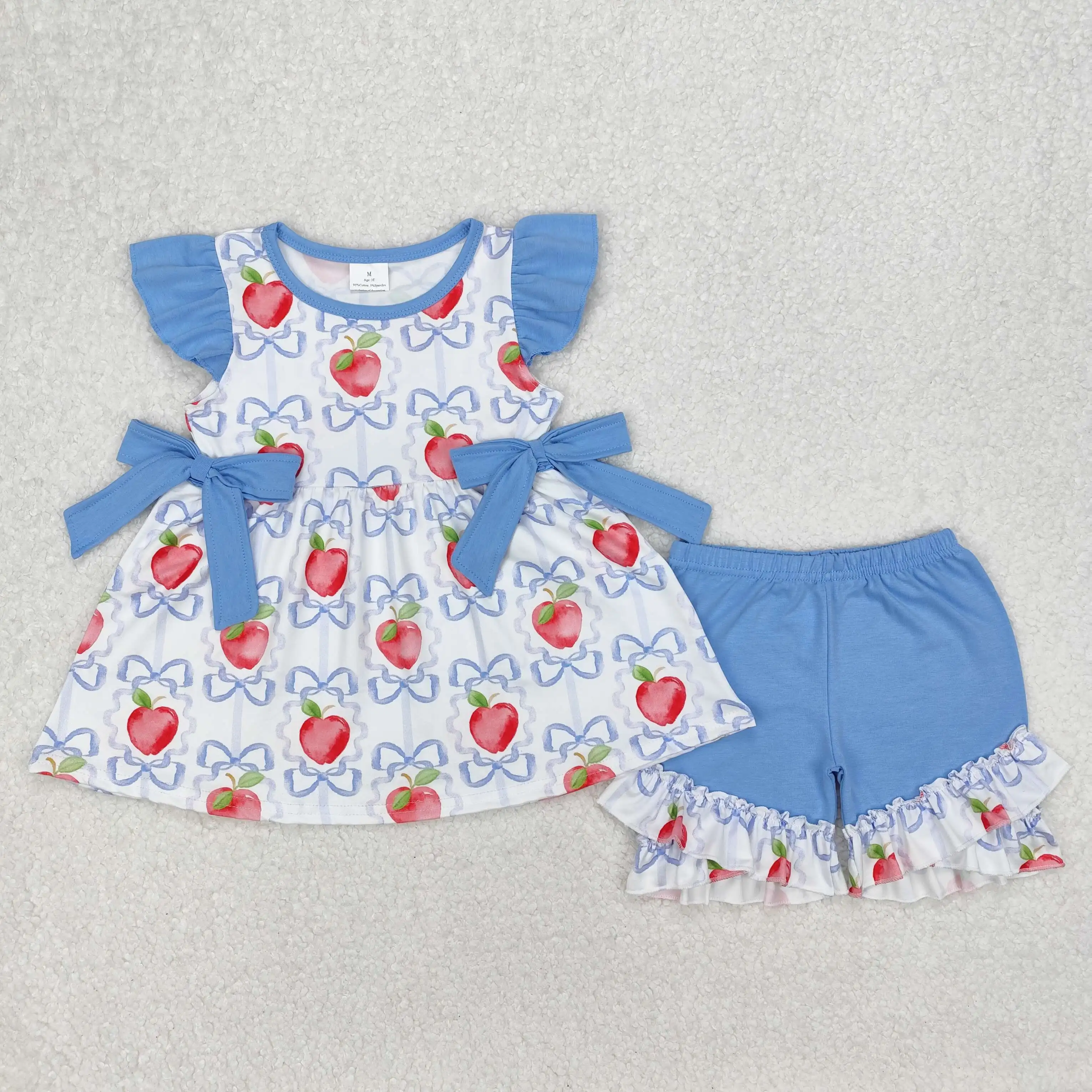 

3.10y Wholesale boutique baby girls back to school set apple blue bow pattern lace flying sleeve shorts girls clothing