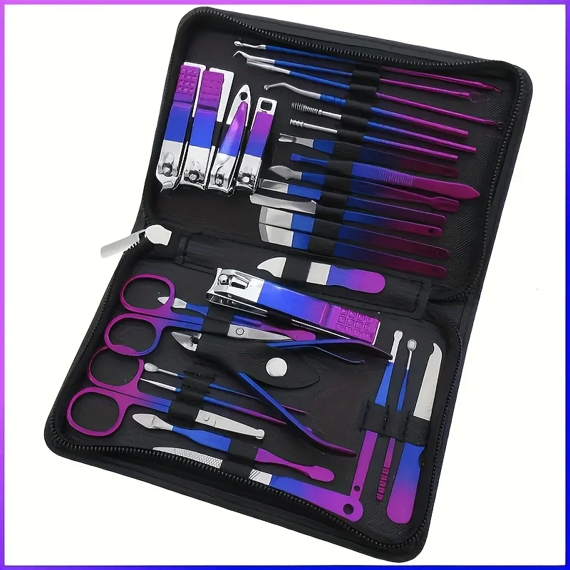 

30pcs Stainless Steel Manicure Set in Dazzling Purple & Blue Modern Style Nail Clippers with Convex Blade, Non-Scented Portable