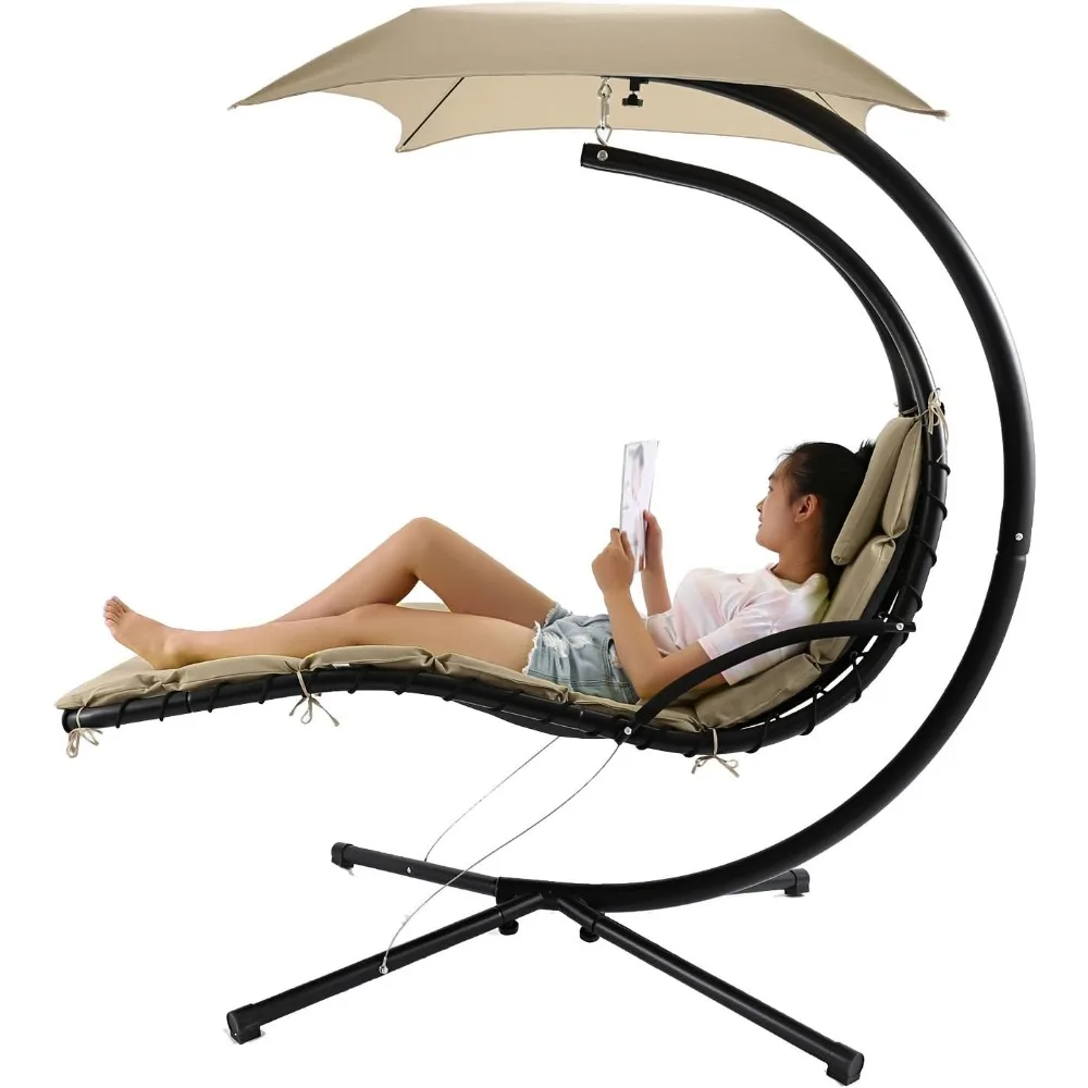 ลอยแขวน Chaise Lounger เก้าอี้ Swing Hammock พร้อม Canopy,ความจุ 350lbs (สีเบจ)