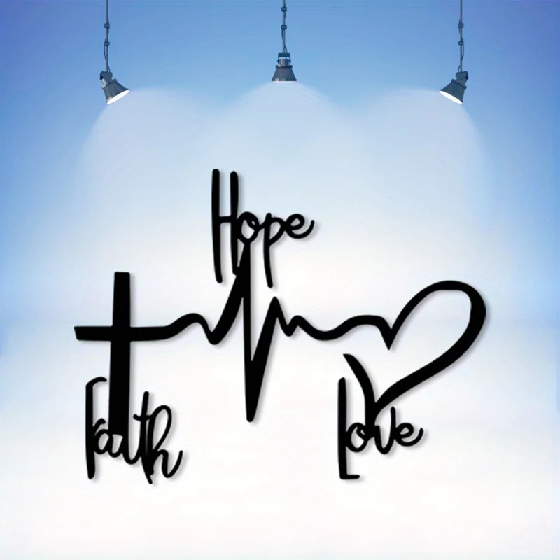 Vintage Faith Cross Metal Wall Art, Christian Iron Decor with Hope Love Letter & Heartbeat Design, Powder Coated Rustic Wall Han