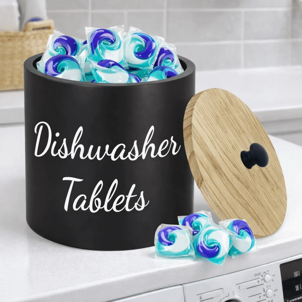 Wood Dishwasher Tablet Container Round Large Capacity Dishwasher Pod Container Sealed with Lid Laundry Detergent Case Dorm