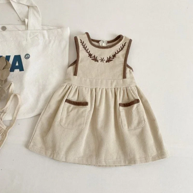 2024 Vinatge Baby Corduroy Sleeveless Dress Little Girls Sundress and Long Sleeve Tops Autumn Winter  Two Piece Set Children