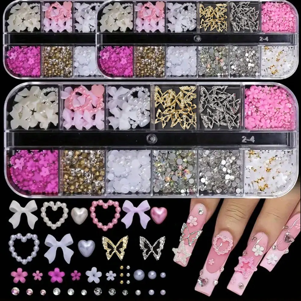 12Grid Mixed Resin Bowknot 3D Nail Art Charms Kawaii Mini Bow Pearls Flower DIY Nail Art Decoration Hollow Butterfly Rhinestones