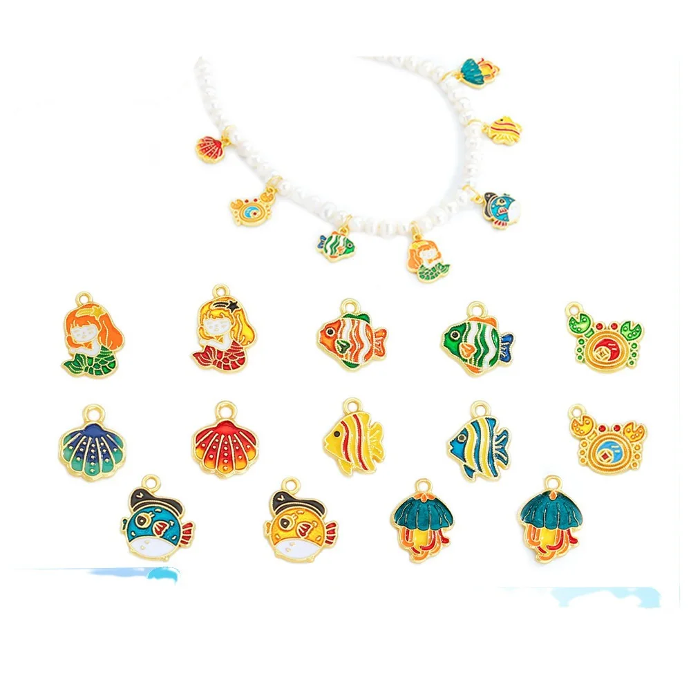 Estilo antigo areia ouro vida marinha dos desenhos animados série liga acessórios sereia concha pufferfish colar pulseira jóias