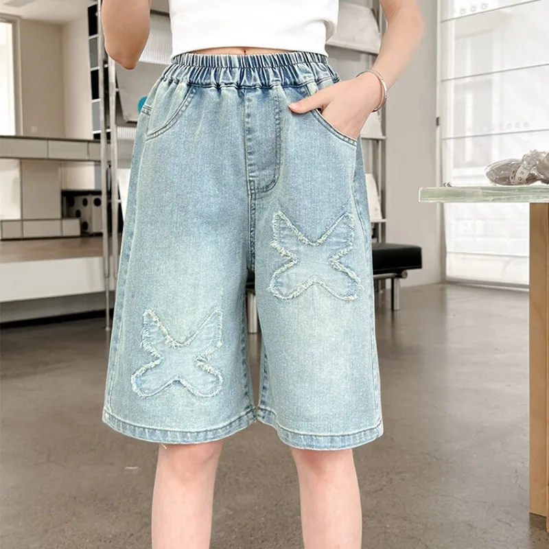 New 2025 Girls Summer Casual Thin Denim Shorts Korean Fashion Ripped Cropped Pants Children Clothing 5-12 Years