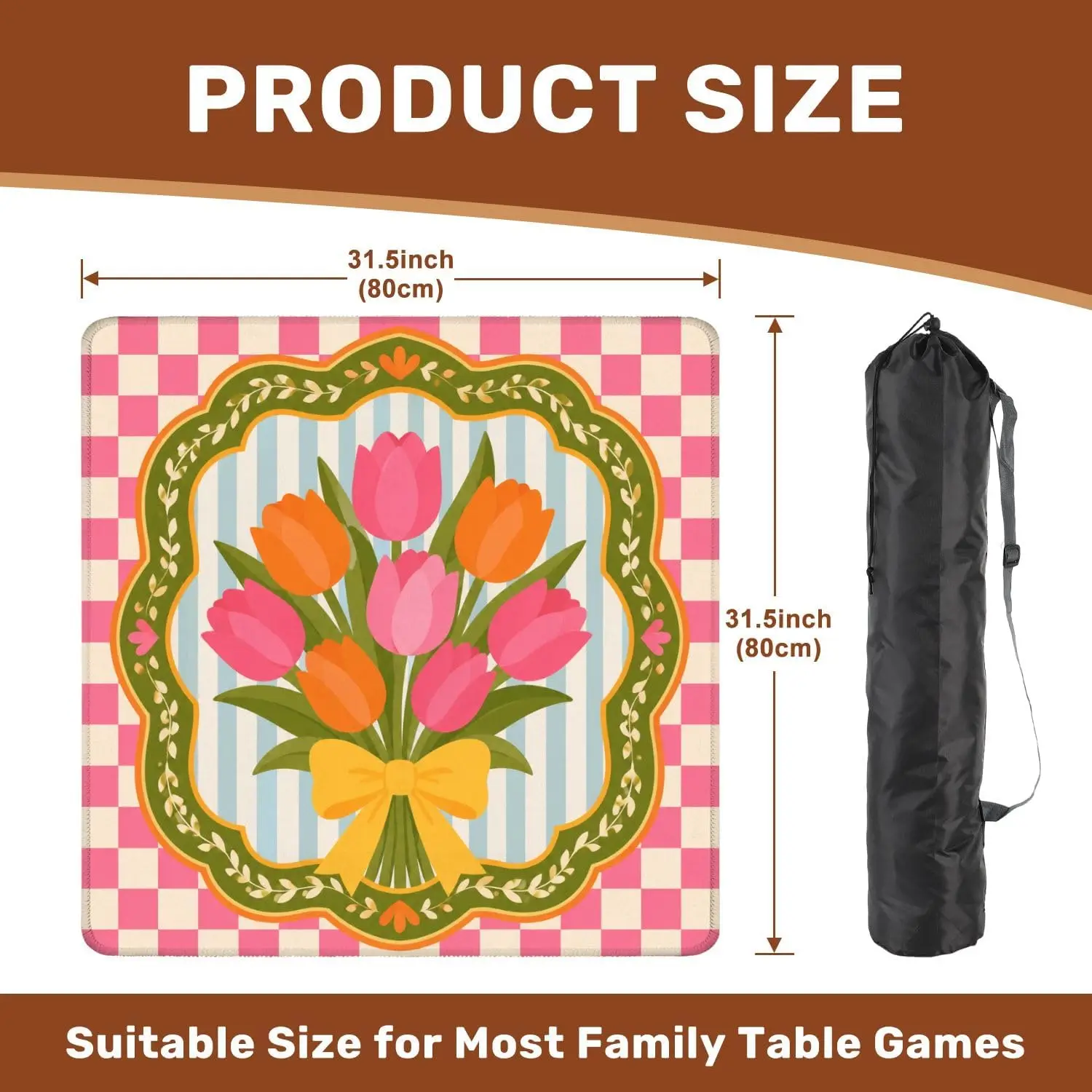 3mm Luxury Mahjong Mat Neoprene 31.5 Inch Tulip Bouquet Checkered Frame Non Slip Noise Reduction for Mahjong Board Games