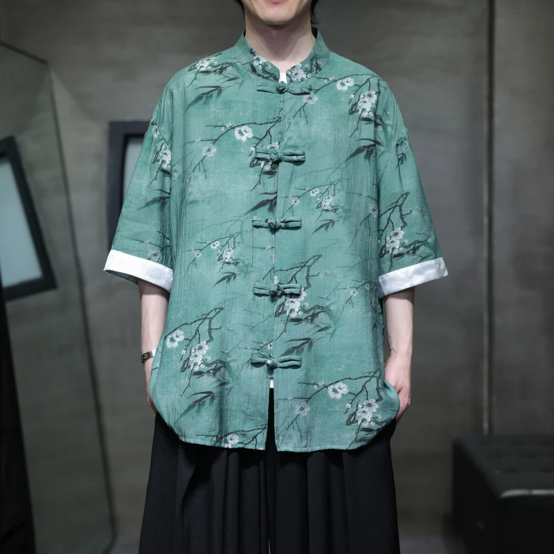 남성 빈티지 셔츠 남성 스탠드 칼라 중국 스타일 셔츠 남성 하프 슬리브 셔츠 여름 남성 꽃 패턴 전통 셔츠
