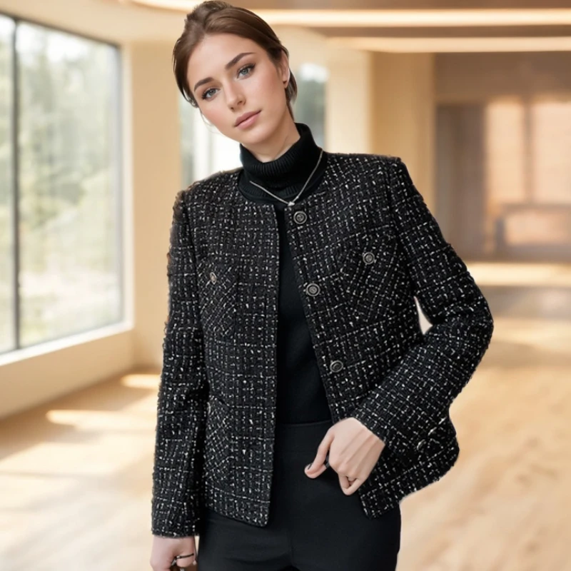 French Small Fragrant Wool Coat for Women, Coarse Plaid Tweed Black Jacket, Shiny Silk, Round Neck, High Quality, New Luxury