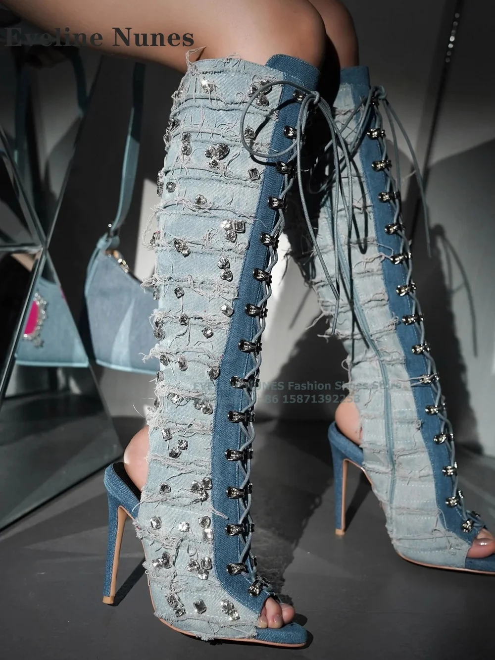 Blue Denim Rhinestone Cross Tied Fashion Modern Boots Peep Toe Stiletto Mixed Colors Fringe Knee-High Boot 2024 Newest Autumn