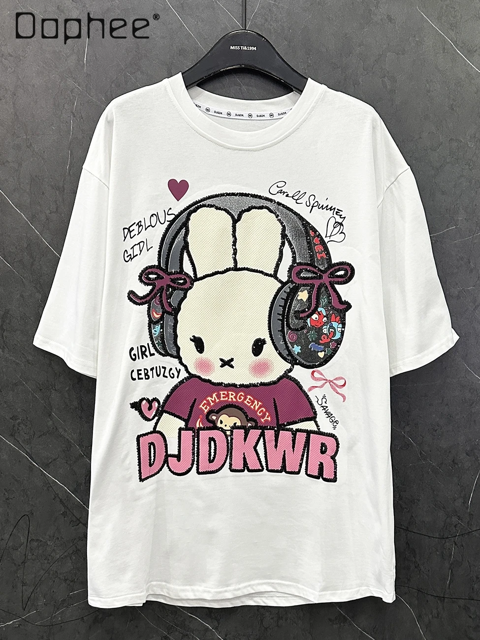 

2025 Spring and Summer New Cartoon Earphones Rabbit Short-sleeved White T-shirt Women's Loose Casual Style Medium Length Top