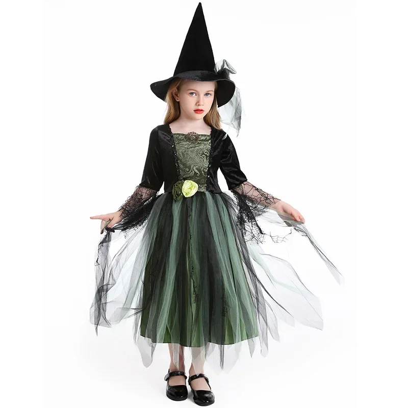 Children's Halloween Costume Green Gauze Witch Dress With Hat Camellia Cobweb Witch Holiday Dress Stage Cosplay Wear
