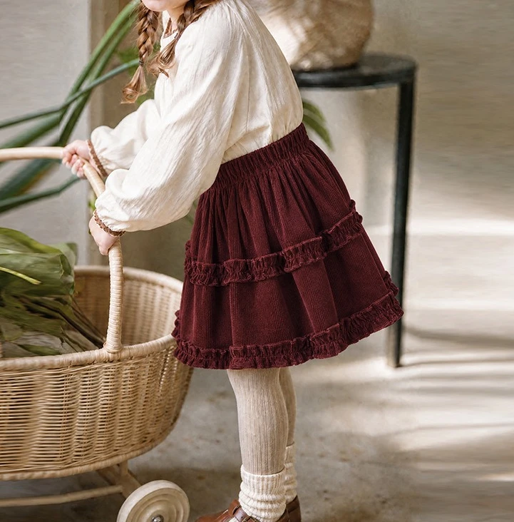 Retro Atmosphere Cotton Corduroy Girls Baby Skirt Autumn and Winter Lace Cake Skirt Lively and Cute Children's Clothing Skirt