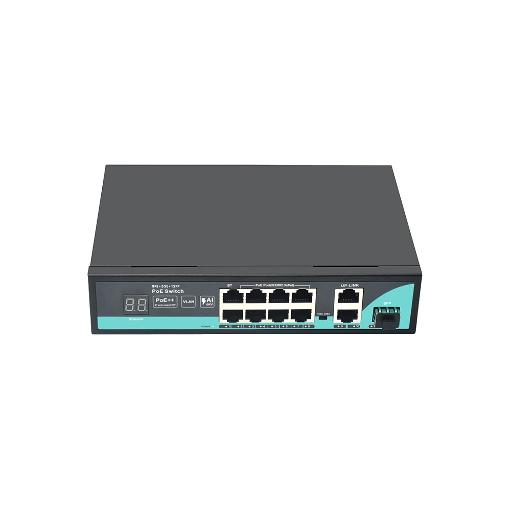 PoE Switch 8 PoE port+ 2 Gigabit uplink+1 SFP AI PoE Switch with Digital Tube Display for Security CCTV Camera