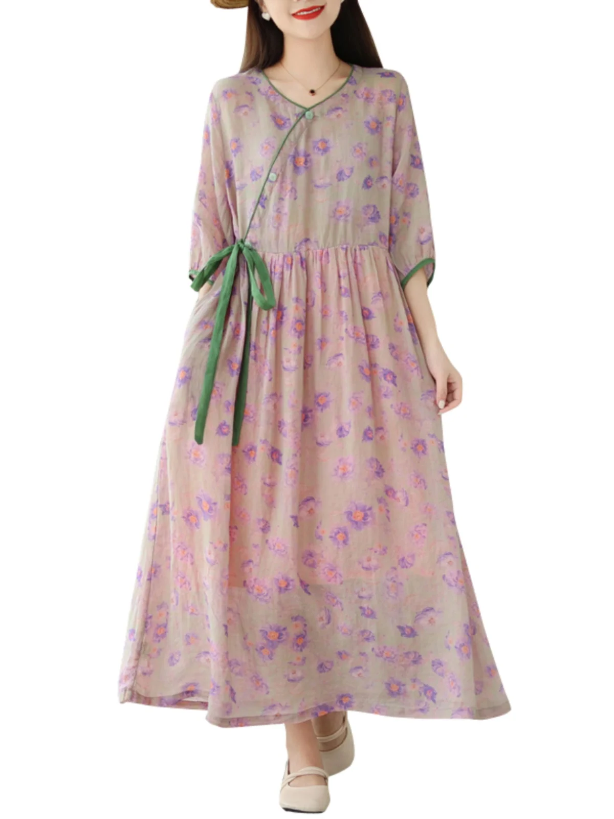 Sweet Floral Print A-Line Long Dr with Bow Tie round Ne Slimming Large Size Women's Faionable Commute Sle Cotton Blend