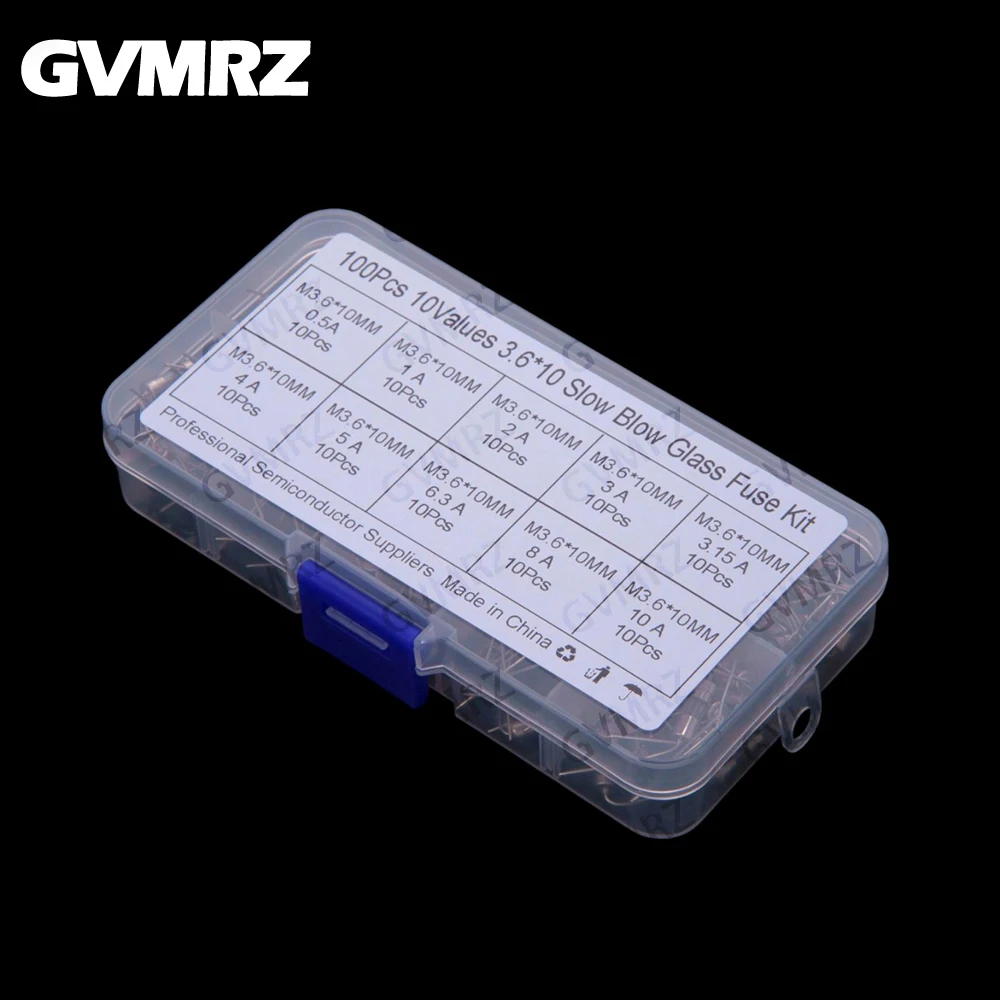 10Values ​​100PCS 3.6x10mm Leaded Glass Fuse Tubes 0.5A/10A Straight Through-hole 250V Kit