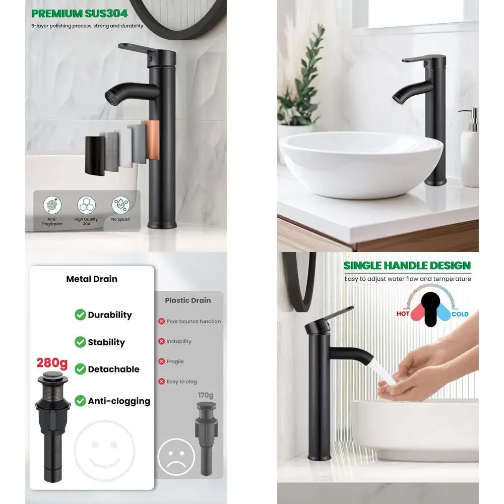 

Modern Tall Single Handle Stainless Steel Bathroom Sink Faucet with Oil Rubbed Bronze Finish, Including Supply Lines and Pop-Up