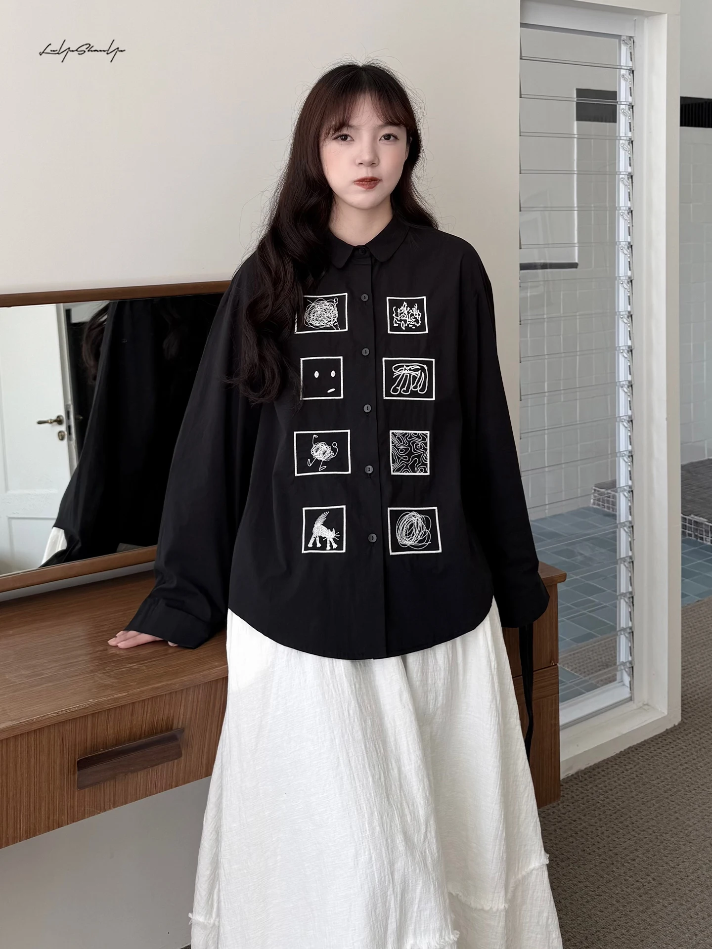 

Summer Abstract Graffiti Pattern Long Sleeve Shirt Casual Loose Fit Cotton Women's Shirt by Lu Yushan Island Light And Shadow