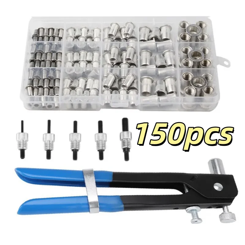 150pcs Rivet Nut Gun Kit with Mandrels M3-M8 Threaded Insert Assortment for Automotive and DIY Metal Repair