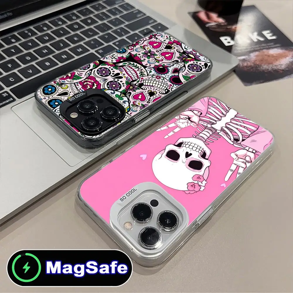 

Чехол для мобильного телефона с рисунком черепа и цветами для iPhone 17, 16, 15, 14, 13, 12, 11 Air Pro Max Plus MagSafe, полупрозрачный красочный чехол