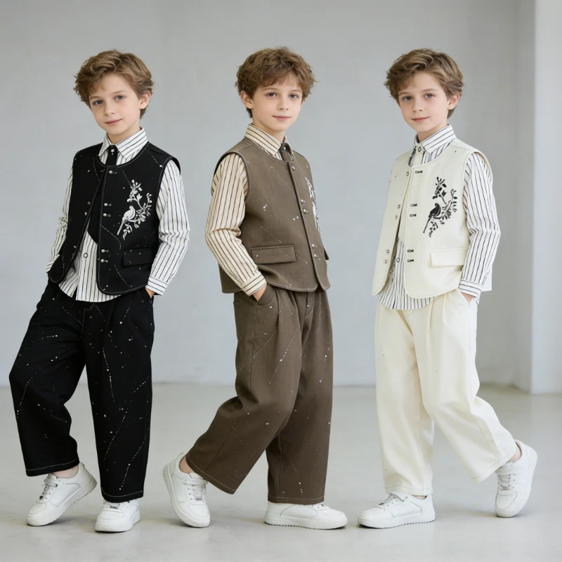 

Kids Boys Chinese Style Flower Bird Embroidery Sparkle Vest Suit Set Striped Shirt Tie Wide Leg Pants Child Formal Host Outfit