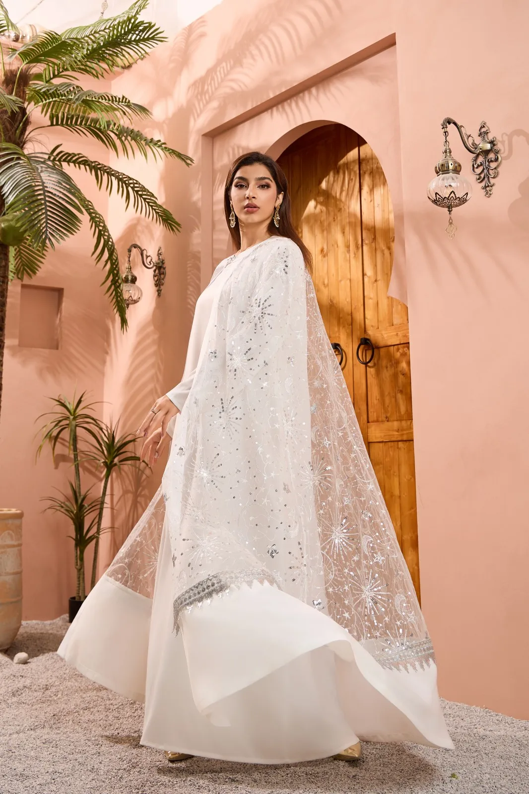 Muslim Luxury Woman Evening Dress Dubai Solid Cape Sequins Abayas Two-Piece Set Marocain Femme 2026
