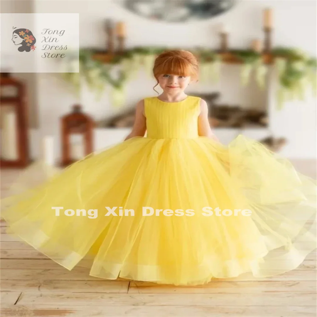 Flower Girl Dresses Yellow Tulle Puffy Solid With Tailing Sleeveless For Wedding Birthday Party Banquet Princess Gowns